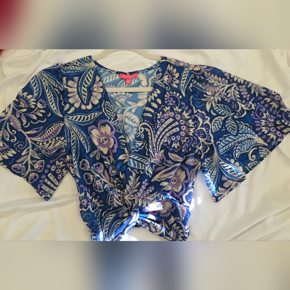 Floral V-Neck Twist Front Crop Top - Blue & Purple